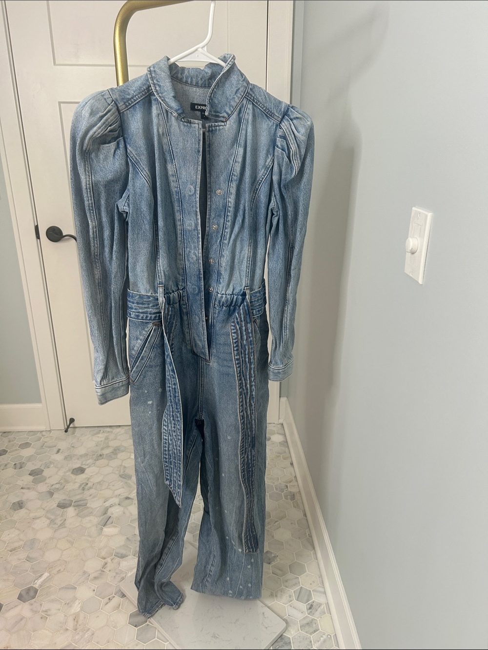 Express Light Blue Denim Jumpsuit - Picture 2 of 9